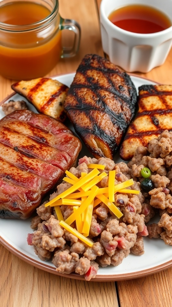 A carnivore diet meal with ribeye steak, chicken thighs, ground beef, and cheddar cheese on a rustic table.